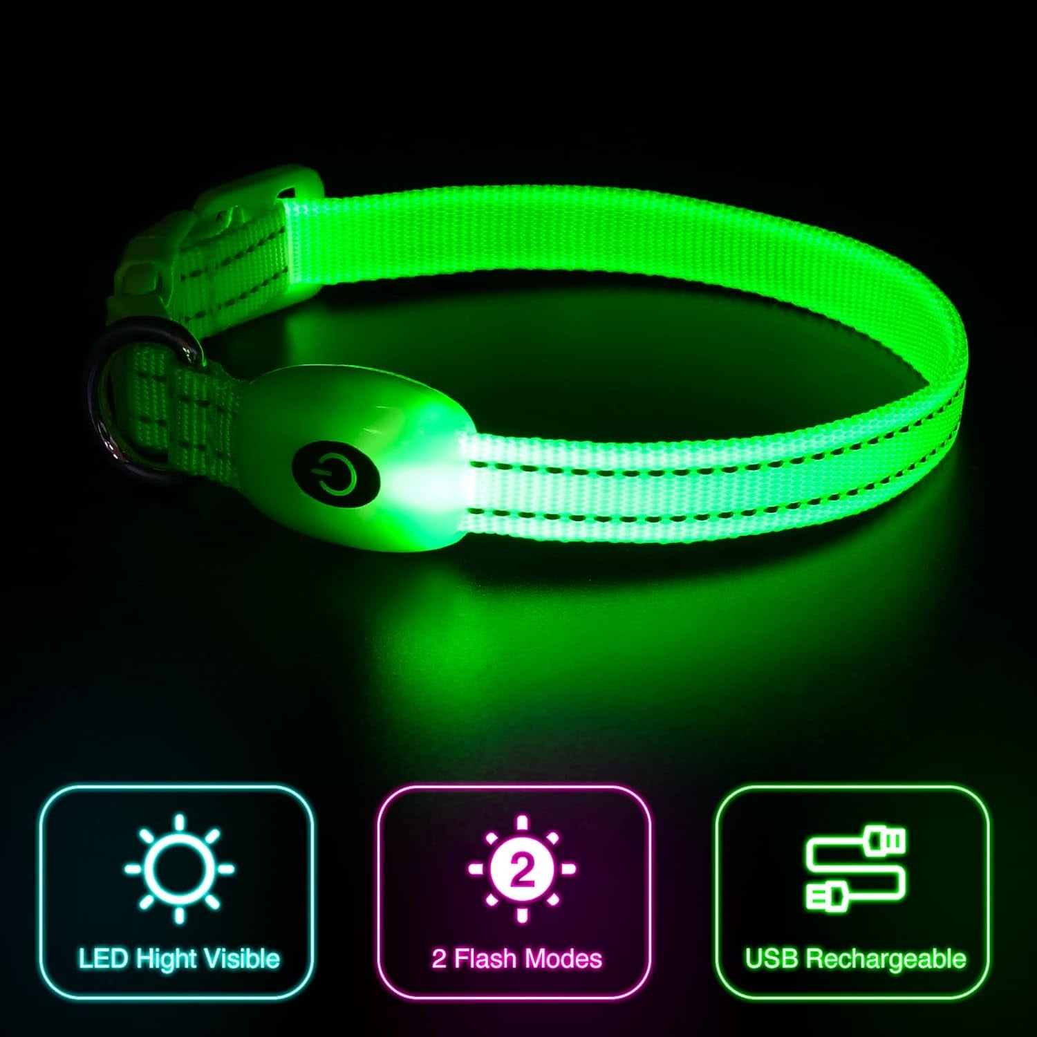 Light up Dog Collars, USB Rechargeable LED Dog Collar, Adjustable LED Cat Collar, Durable Flashing Collar for Cats, Puppy, Small, Medium, Large Dogs (Green, XS)