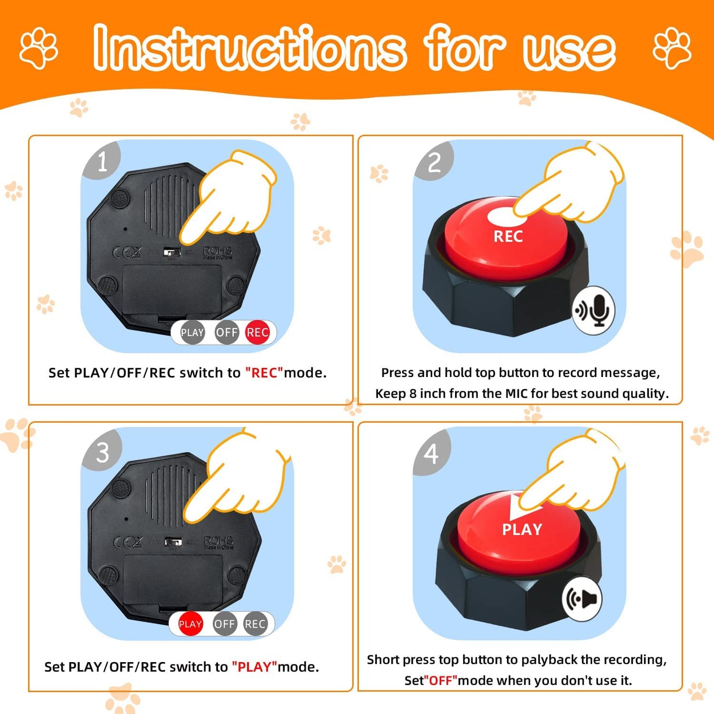 Set of 4 Dog Buttons Dog Buttons for Communication Dog Talking Buttons 25 Stickers 30 Second Record & Playback, Funny Gift for Study Office Home - 4 Color Packs