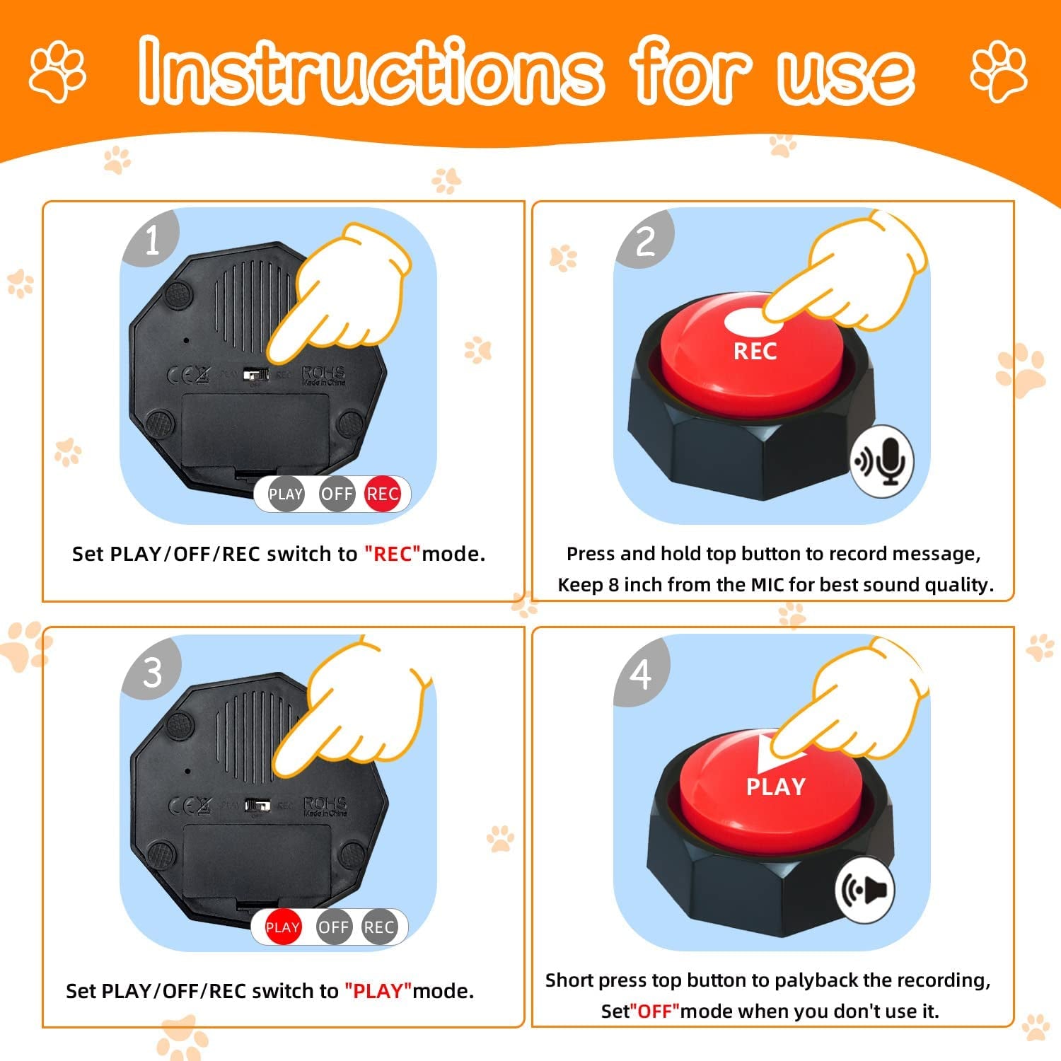 Set of 4 Dog Buttons Dog Buttons for Communication Dog Talking Buttons 25 Stickers 30 Second Record & Playback, Funny Gift for Study Office Home - 4 Color Packs