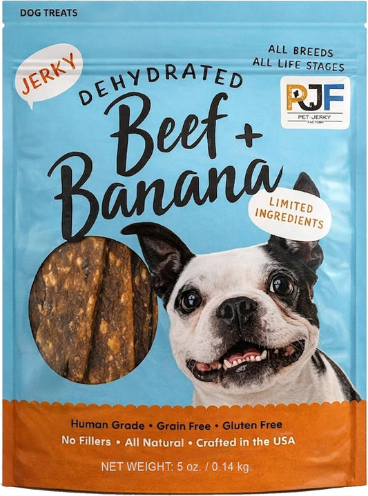 Premium Beef and Banana 5 Oz. Dog Jerky Treats | 100% Human Grade | High Protein | Grain Free | Limited Ingredients | No Filler | BHA-BHT Free | Soft-Tender