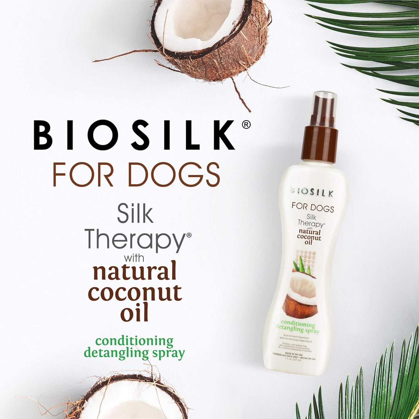Silk Therapy Conditioning Detangling Spray for Dogs with Natural Coconut Oil, Leave-In Detangler and Conditioner, Dematting Grooming Spray, Sulfate Free, 7 Fl Oz