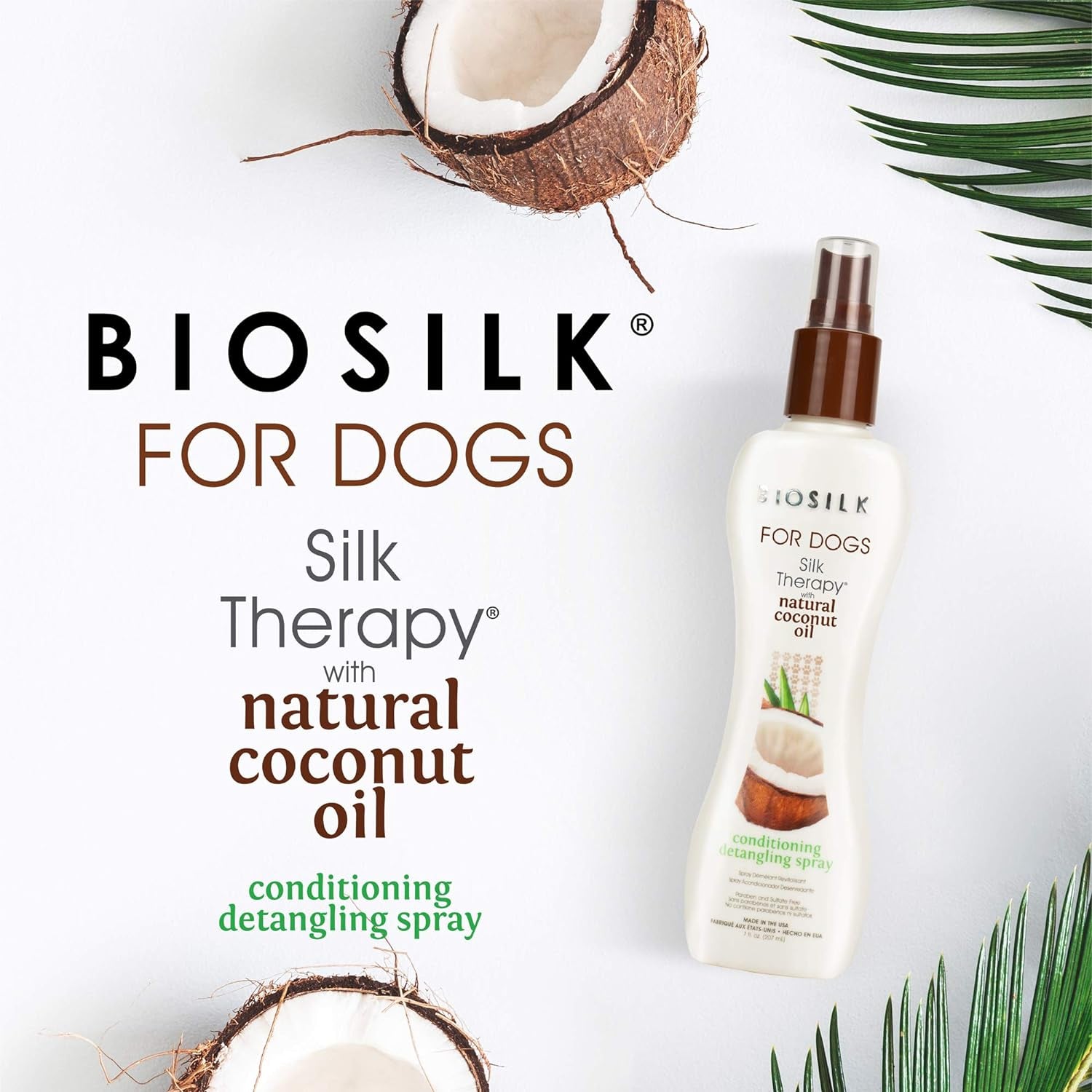 Silk Therapy Conditioning Detangling Spray for Dogs with Natural Coconut Oil, Leave-In Detangler and Conditioner, Dematting Grooming Spray, Sulfate Free, 7 Fl Oz